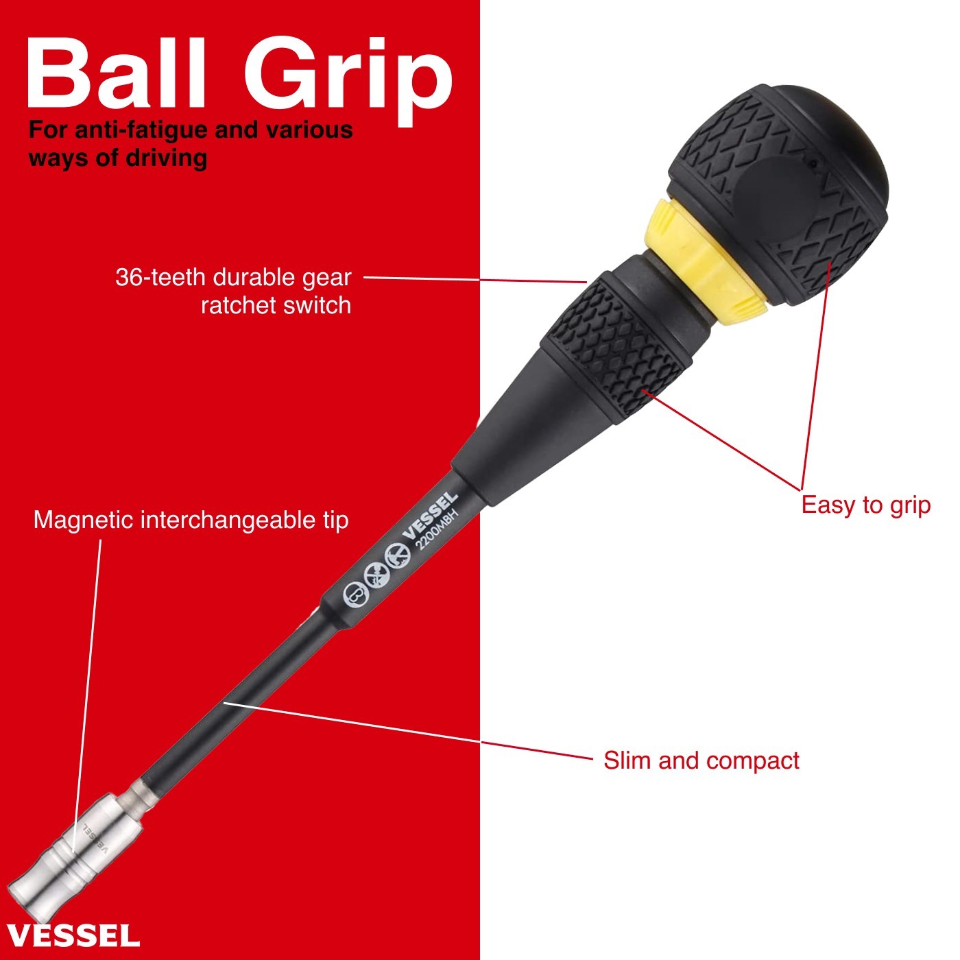 Vessel Ball Grip Ratcheting Screwdriver Interchangeable w JIS P2 Bit 12200MBH120 gallery