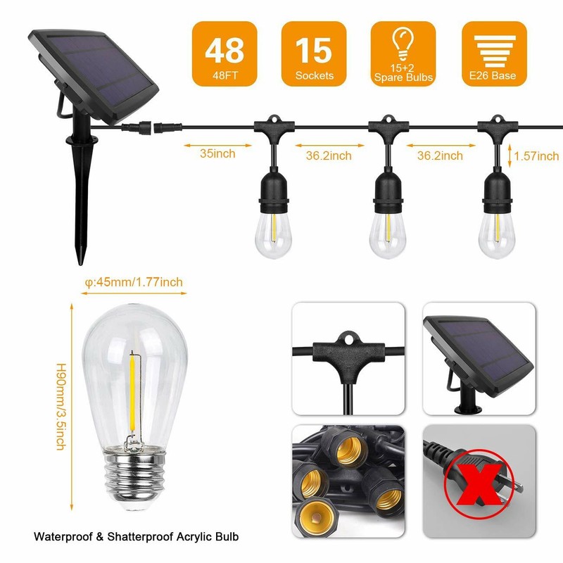 48FT Outdoor Solar LED String Light Weatherproof for Patio Garden Party Deckyard gallery