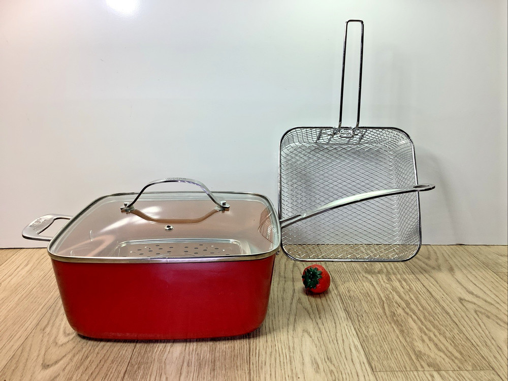 Bulbhead Red Copper-Ceramic 10" Square Pan 4 Piece Set Deep Fry Roast Steam Bake