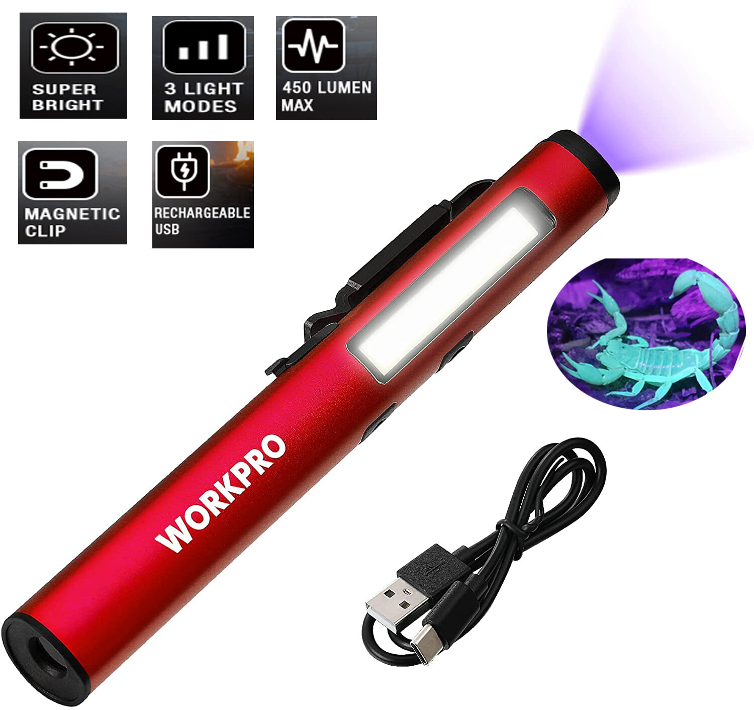 WORKPRO LED Pen Light With UV Flashlight With 450 Lumens 365nm UV Light Detector gallery