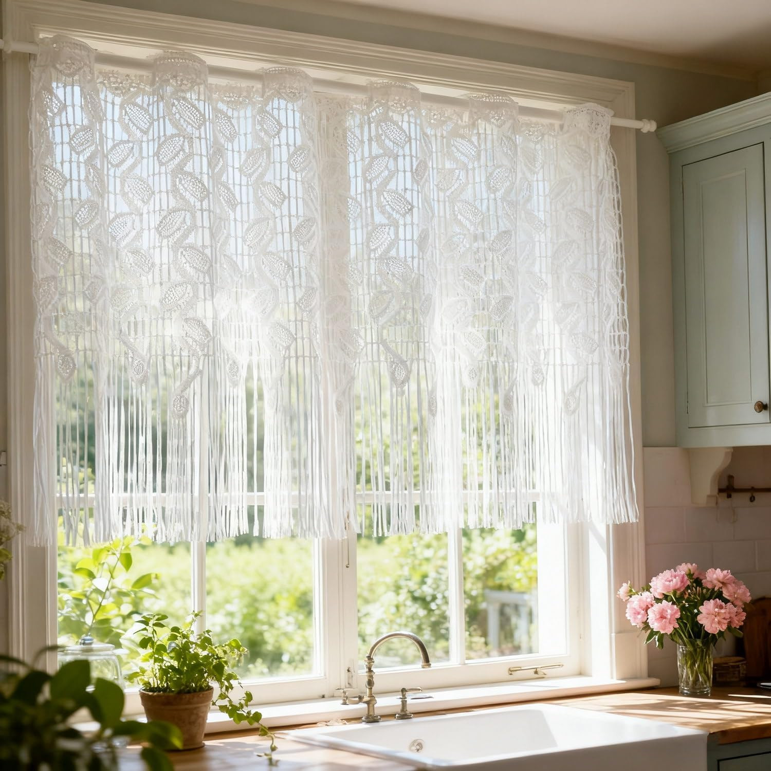 1 Panel White Lace Leaf Pattern Sheer Curtain Valance for Kitchen Small Window R gallery
