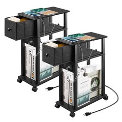 Side Table Set of 2,Side Table with Charging Station and Drawer, Narrow End T…