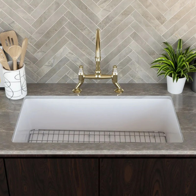 Nuie Undermount Kitchen Sink with Chrome Drainer, Wire Grid, Fire Clay 34x19x10" gallery