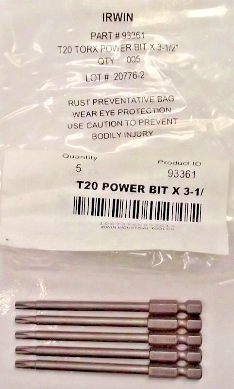Irwin 93361 T20 1/4" Hex Drive Torx Power Bit 3-1/2" OAL 5pcs. gallery