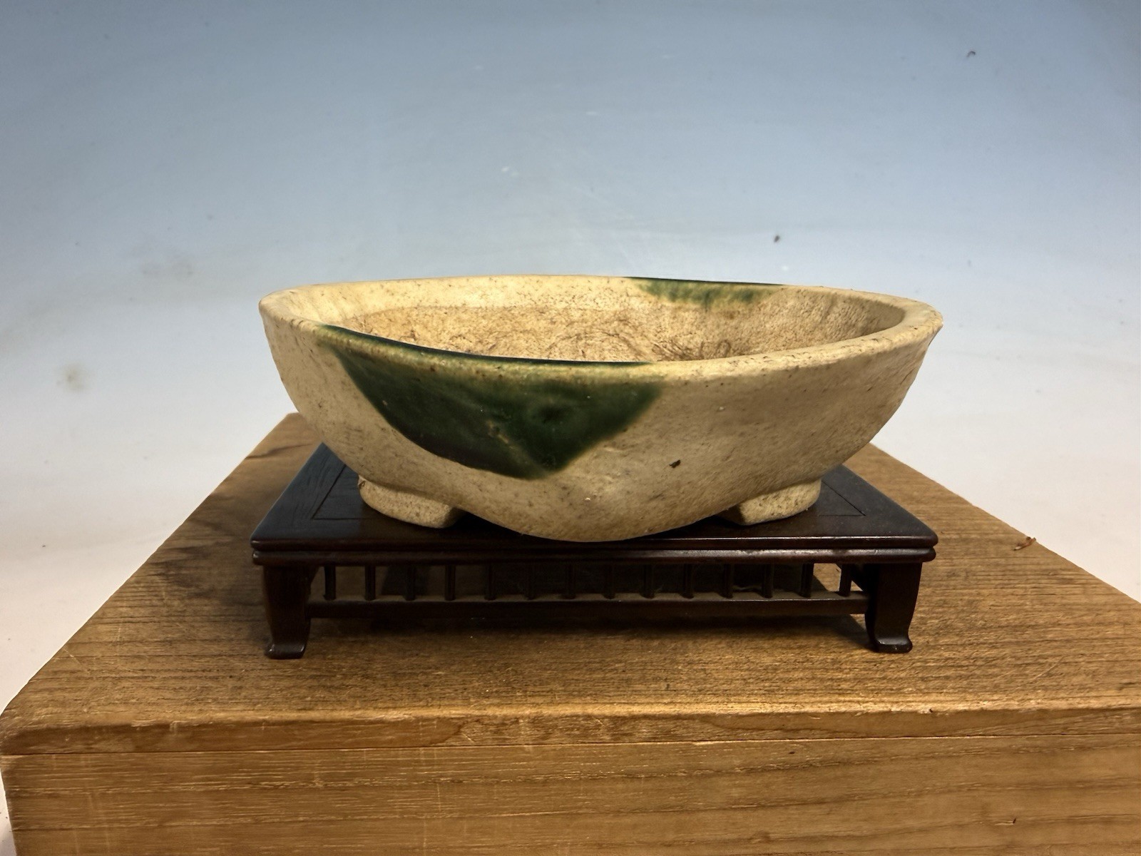 Japanese Unknown Maker Shohin Bonsai Tree Pot 6 1/4 By 1 7/8” Cream And Green gallery