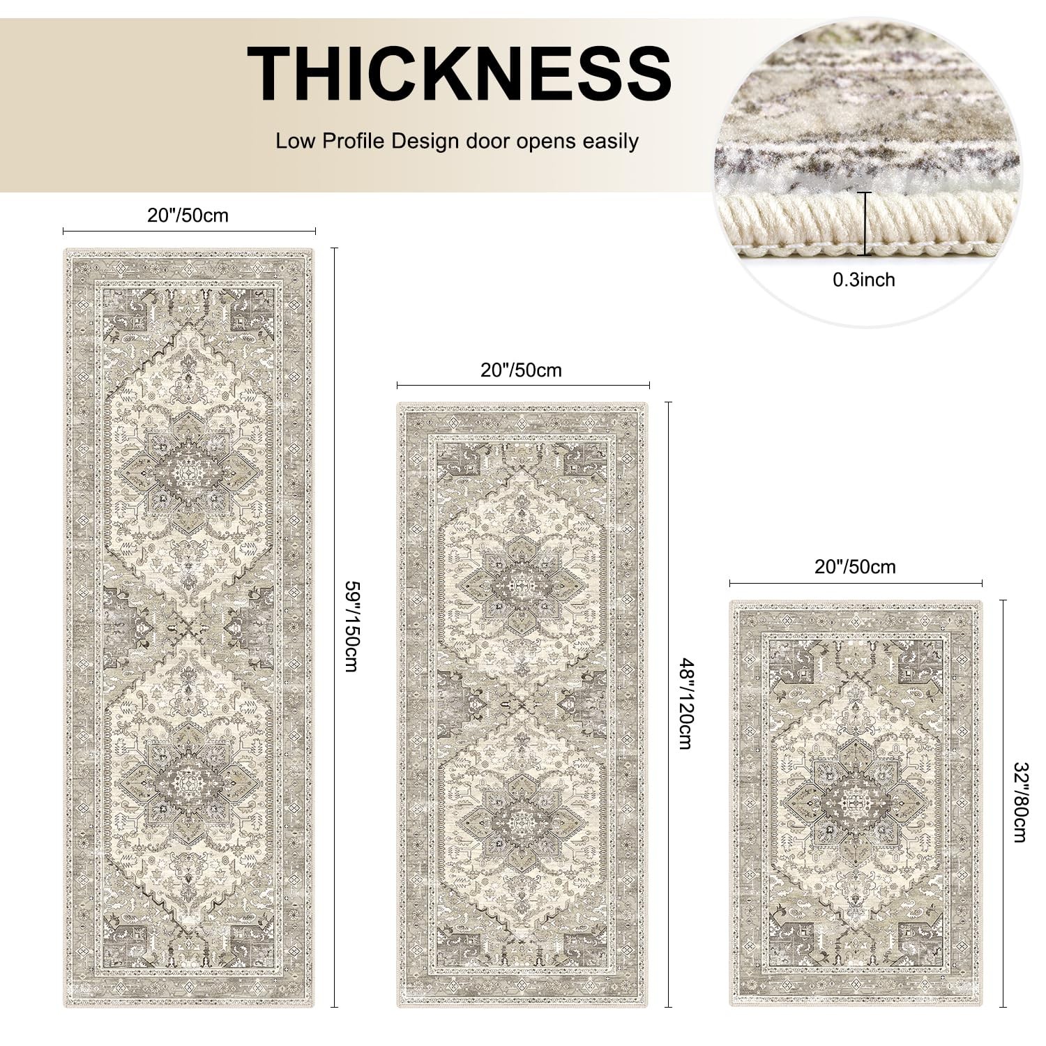 Yamaziot Boho Washable Kitchen Rugs 20"x32"+20"x47"+20"x59", Beige Brown/Grey gallery