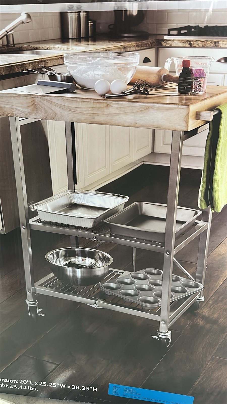Origami Foldable Wheeled Portable Solid Wood Top Kitchen Island Bar Cart, Silver gallery