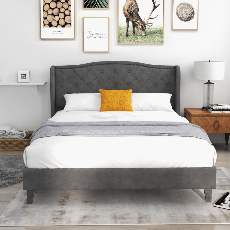 Queen Upholstered Platform Bed Frame W/ Button Tufted Headboard Noise-free gallery