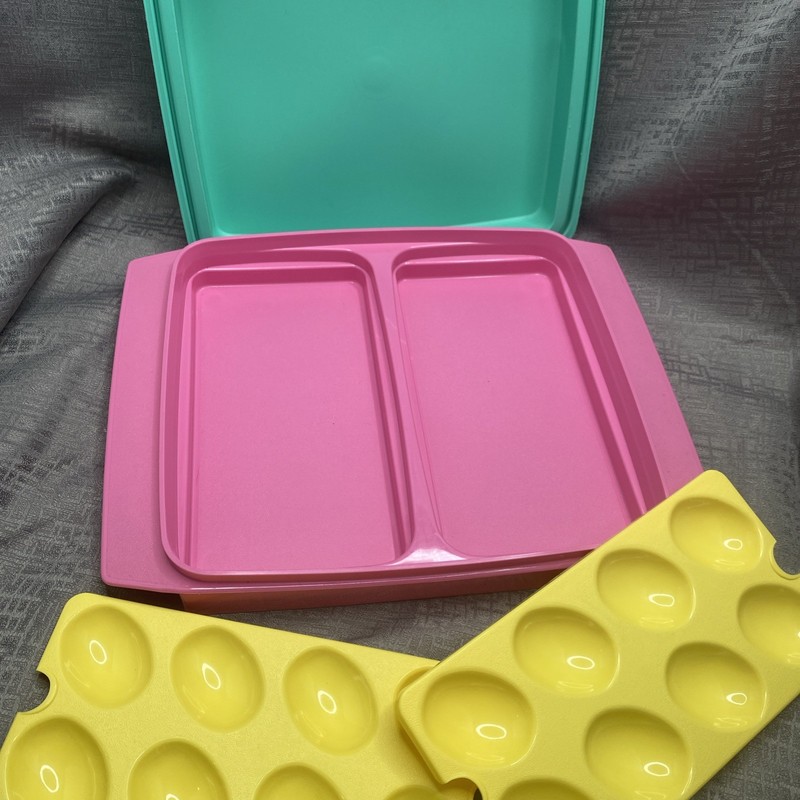 Vintage 90's Tupperware Deviled Egg Carrier 723-1 Pink Teal Kitchen Container gallery