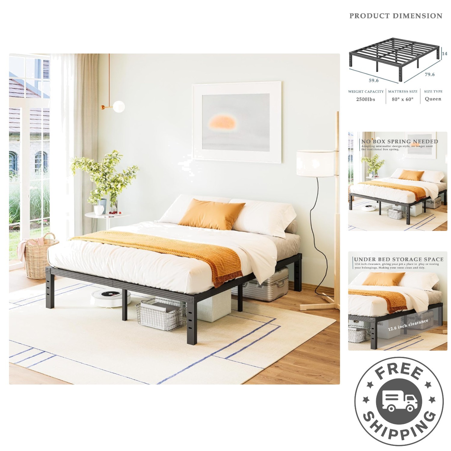 Heavy Duty 14 Inch Queen Bed Frame - Squeak Resistant, Easy Assembly in Black gallery