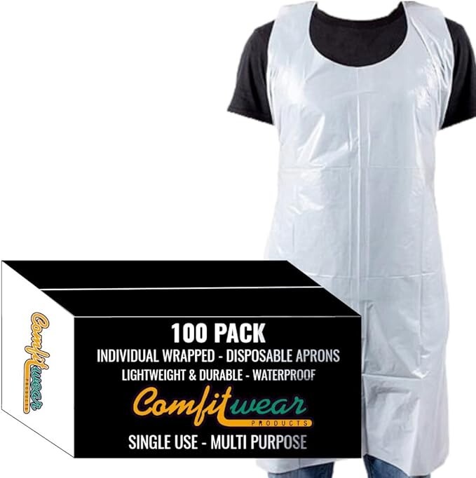 100 Pack Box Large White Plastic Disposable Aprons Throw Away Waterproof Aprons. gallery