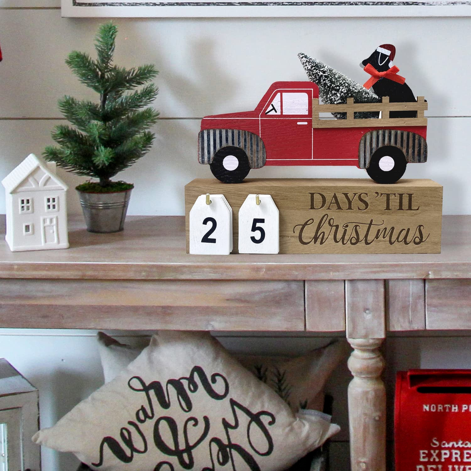 Wooden Farmhouse Christmas Countdown Calendar Red Truck Dog Christmas Tree NEW gallery