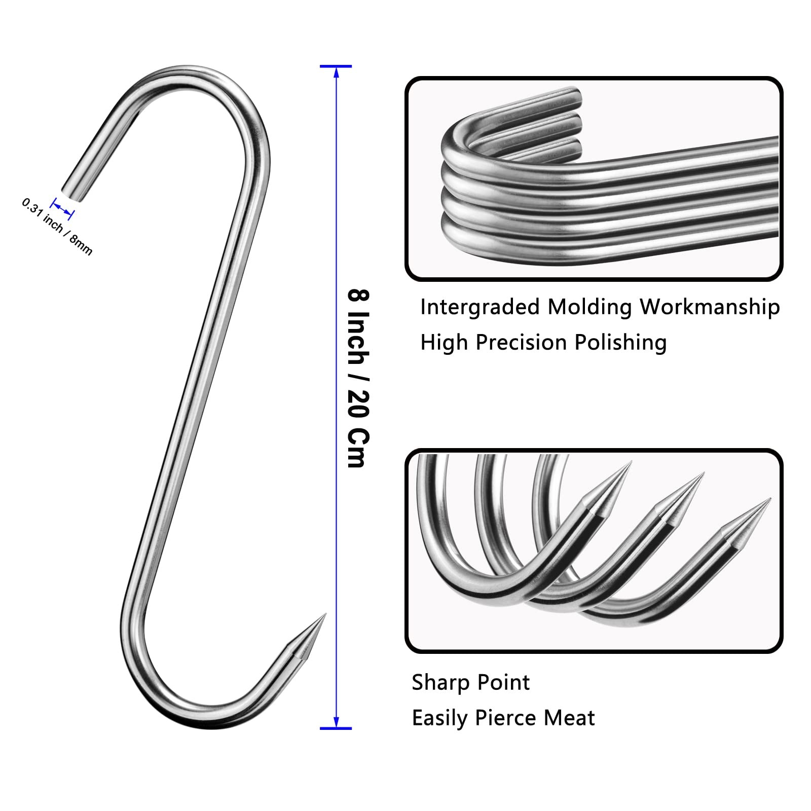 8 Inch Meat Hooks - 5PCS S-Shaped Stainless Steel - 150 Lbs Load Capacity gallery