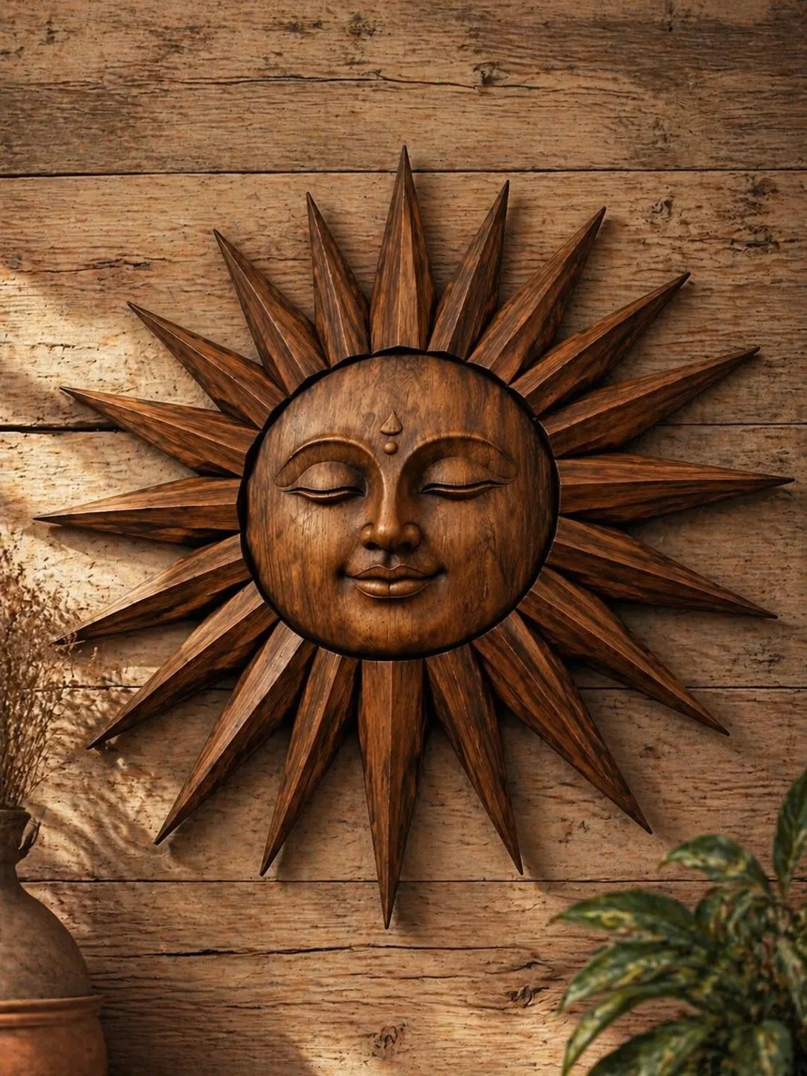 Rustic Wooden Sunburst Sculpture Hand Carved Teak Sun Face Wall Art Spiritual gallery