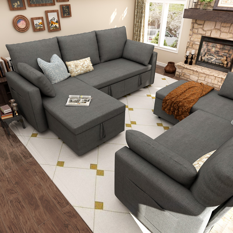 Linen Sleeper Sofa Bed,Pull OutCouch Bed with Storage Chaise gallery