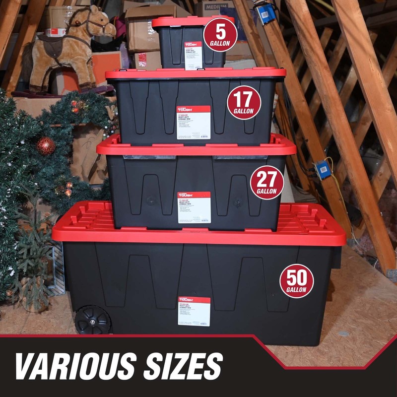27 Gallon Large Storage Bin with Snap Lid, Black and Red, Heavy Duty Plastic Sto gallery