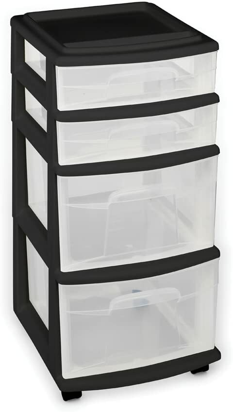 Homz 4 Medium Drawers Storage Cart, Black Frame/Clear Drawers w/Wheels, Set of 1 gallery