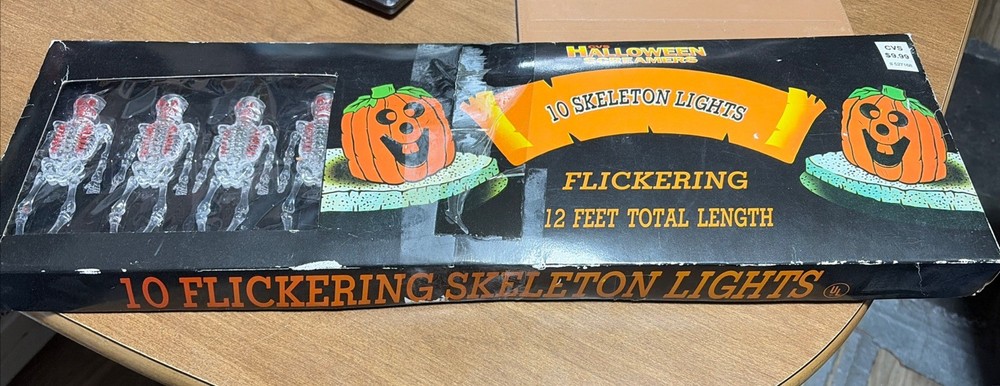 Flickering Skeleton 10 Light String Set Vintage Green Bulbs Halloween New Rare