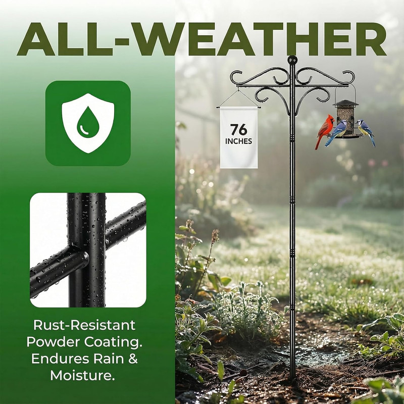 76" Double Shepherds Hooks for Outdoor, Heavy Duty Bird Feeder Pole with 5 Prong gallery