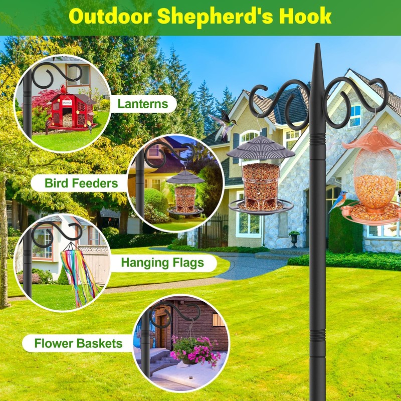 Double Shepherds Hooks for Outdoor,2 Pack 110 Inch Bird Feeder Pole with 5 Pr... gallery