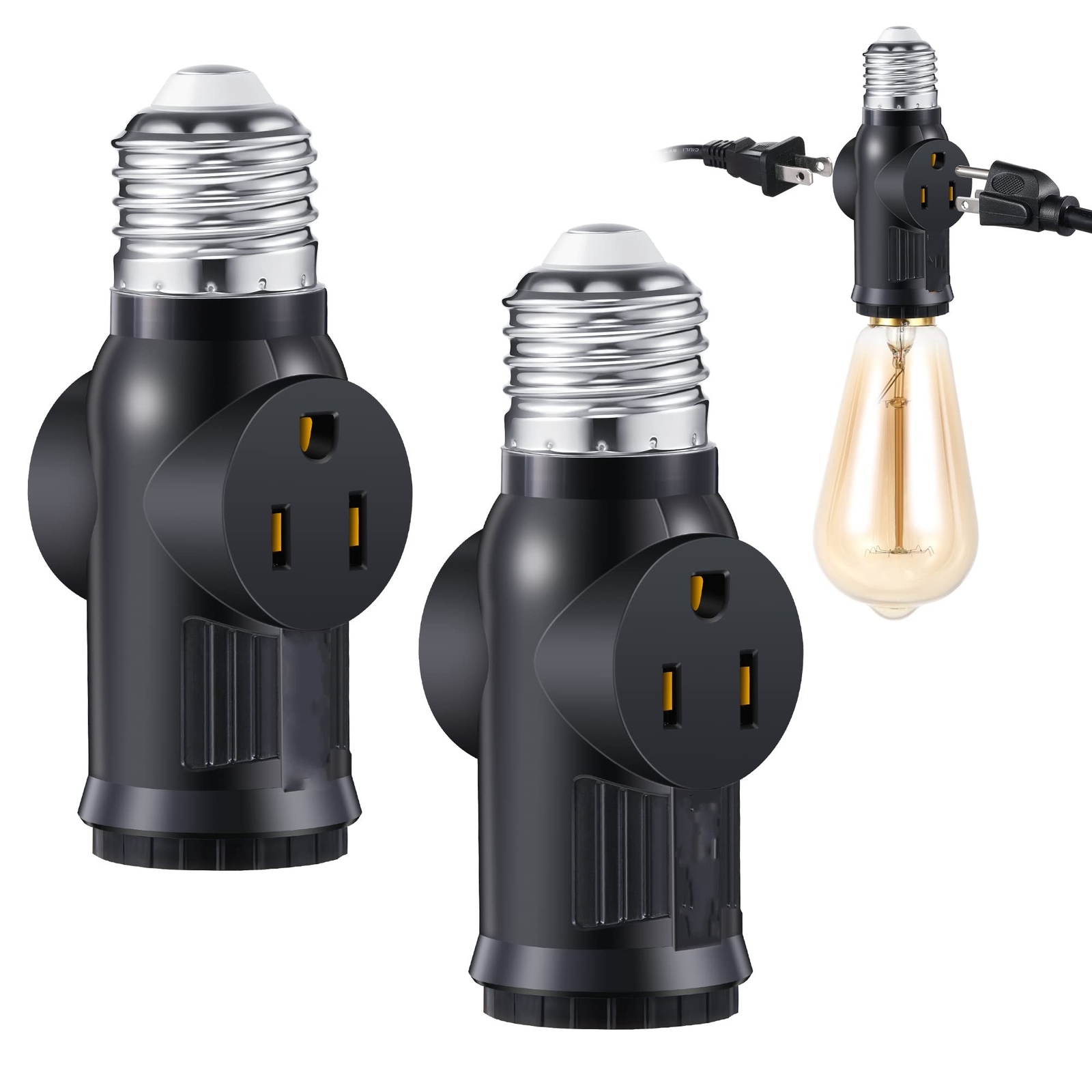 2Pcs Light Bulb Outlet Socket Adapter E26/E27 Lamp Bulb to 2/3 Prong Plug Black gallery