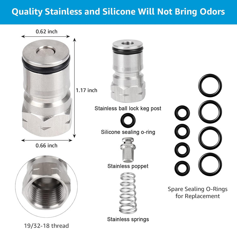 Stainless Steel Cornelius Keg Posts with Poppets and Springs, 19/32-18 Thread gallery