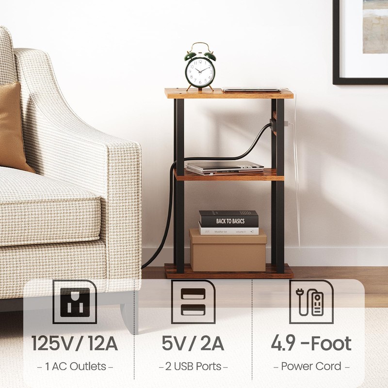 TUTOTAK Small Narrow Side Table with Charging Station, Skinny End 1 PC, Brown gallery