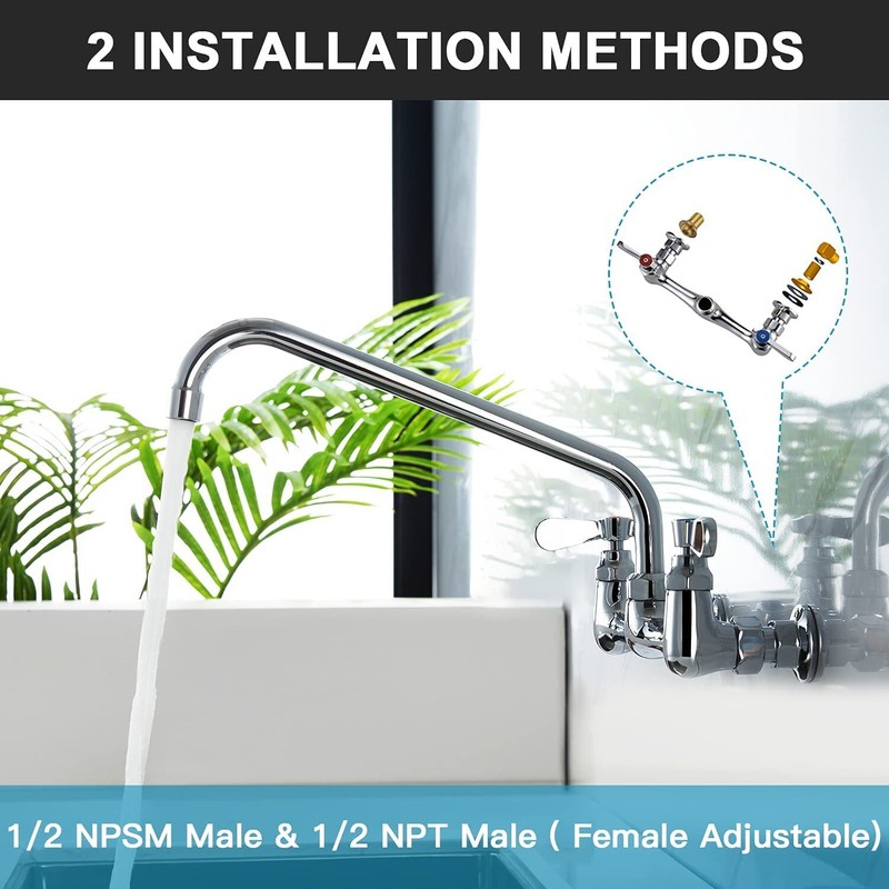 Wall Mount Commercial Kitchen Faucet Sink 8 In Center Tap 12 In Swivel Spout gallery