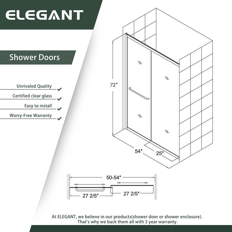 ELEGANT Semi-Frameless Sliding Shower Door 54" x 72" Bypass Matte Black Finish gallery