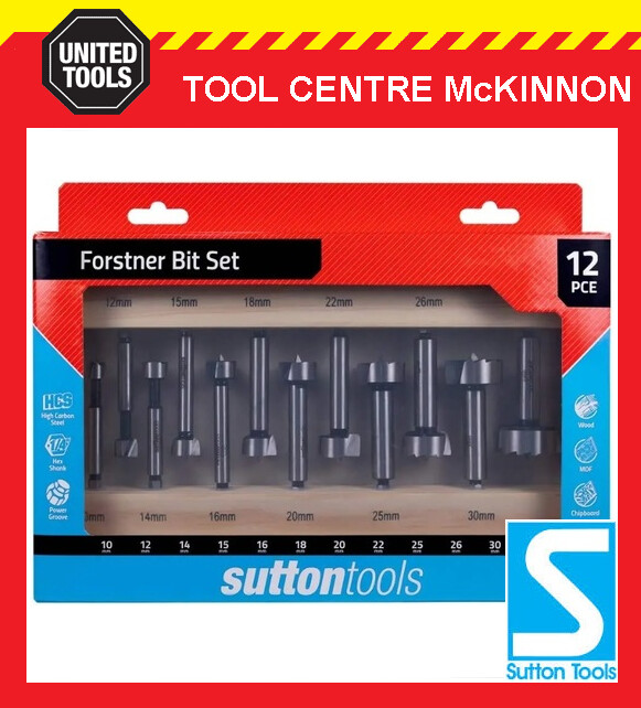 SUTTON TOOLS 12pce 10-35mm HCS TIMBER / WOOD FORSTNER BIT SET IN WOODEN CASE gallery