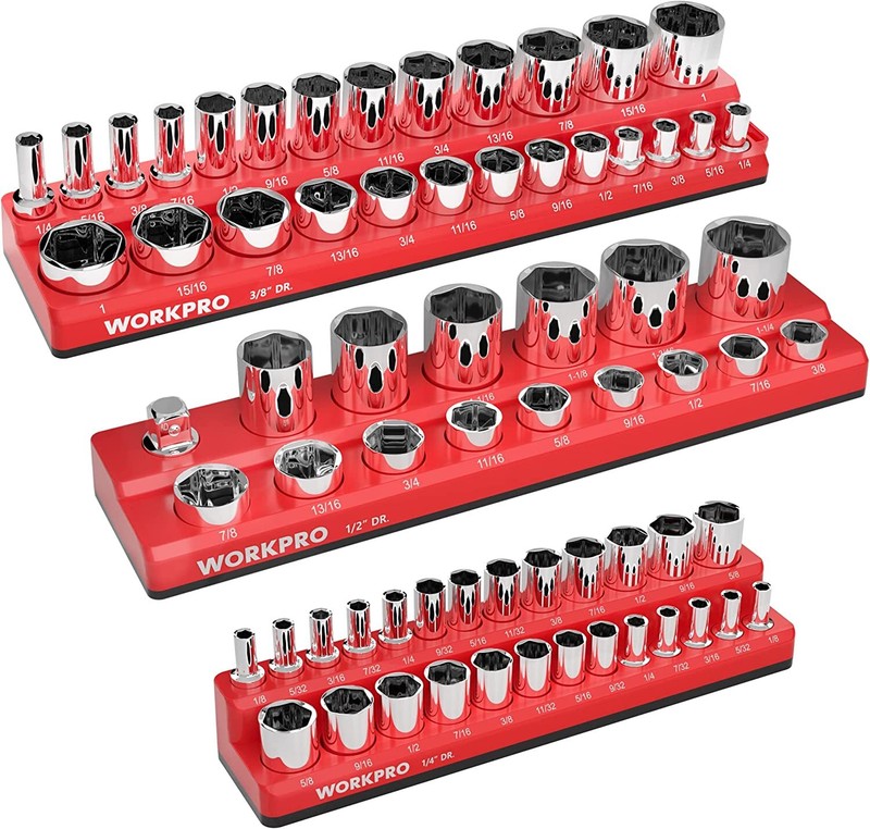 WORKPRO 3PCS/6PCS Magnetic Socket Organizer Holder Set 1/4" 3/8" 1/2" SAE/METRIC gallery