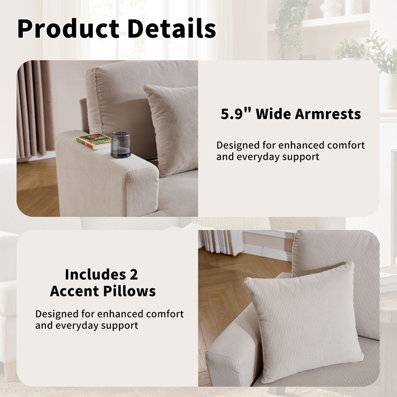 EBELLO 87" Sofa Couch with 2 Pillows, 3 Seater Corduroy Couch for Living Room gallery
