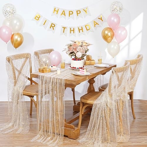Gauze Table Runner 120 Inch 10FT, Sequin Metallic Foil 28"x120" Beige Gold gallery