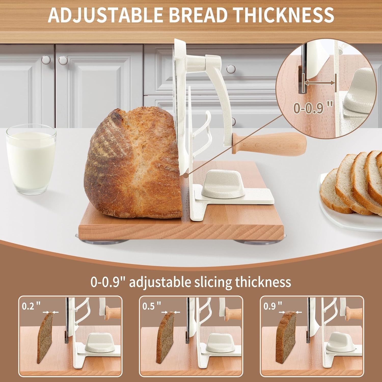 Manual Bread Slicer with Hand Crank - Adjustable Thickness Cutter, Cream gallery