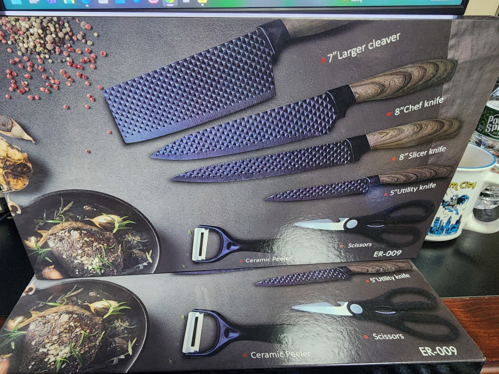 ER-009 Kitchen Knife Set Cleaver Chef Slicer Utility Peeler Black Brown 6 Piece gallery