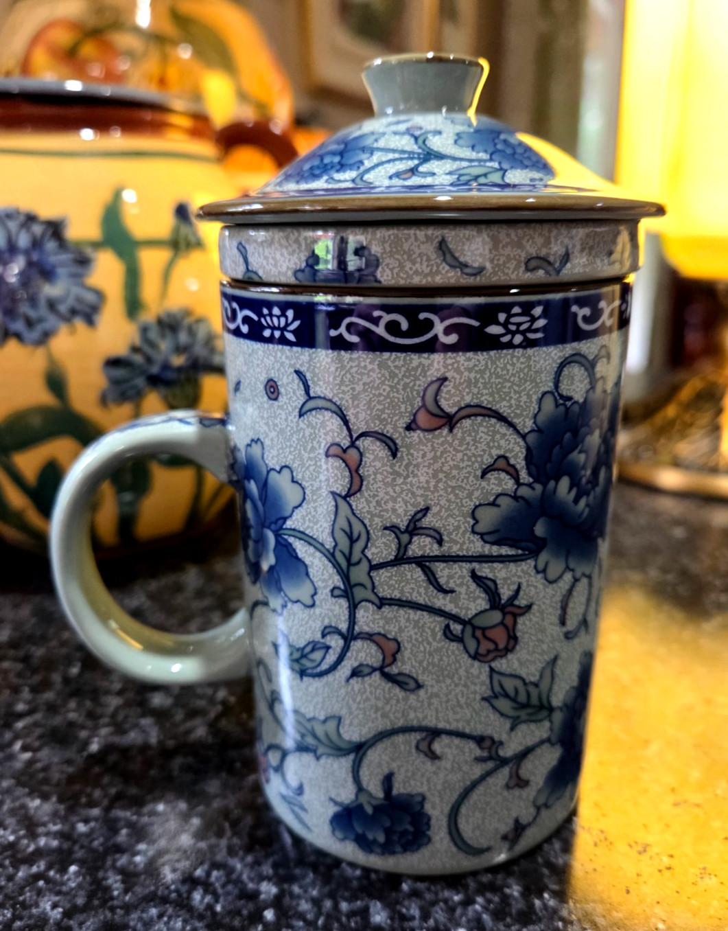 Three-piece Asian Ceramic Tea Cup Mug with Handle Lid Infuser 5.5" Celedon Green gallery
