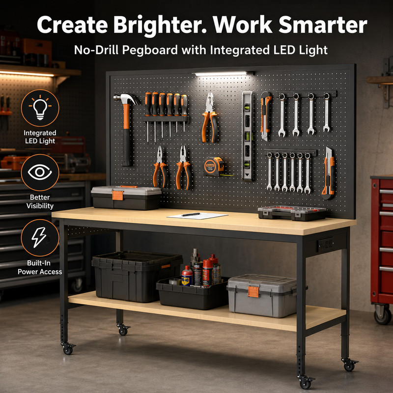60" Garage Workbench 2000LBS w/ Pegboard LED Light Adjustable Rolling Table gallery