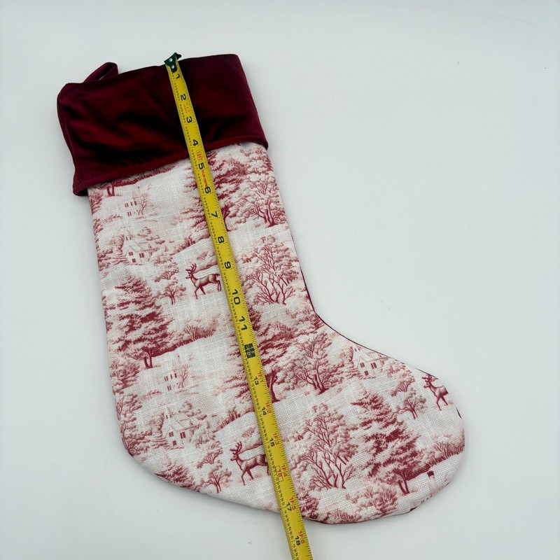 Christmas Stocking Red White Deer Trees Toile Velvet Cuff Christmas Holiday gallery