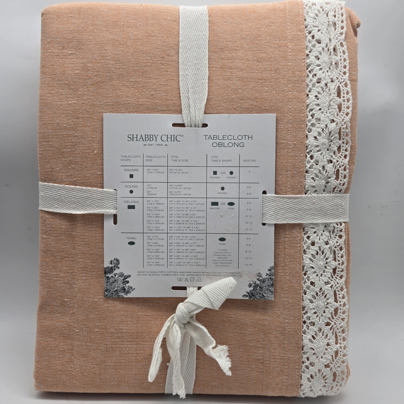 Shabby Chic 60x120 Oblong Peach Tablecloth With White Lace Edging Orange Cotton gallery