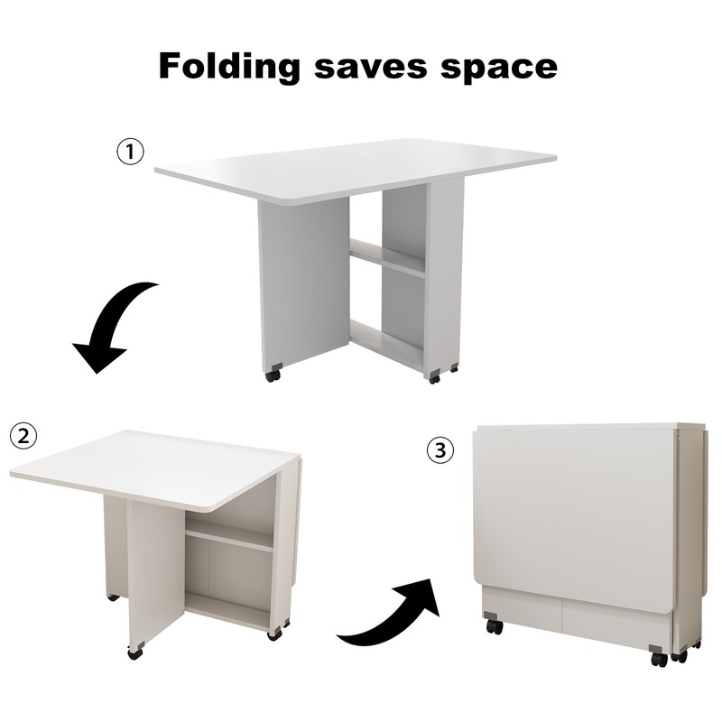 Folding Wheeled Drop Leaf Table with Storage, Space Saving Dining Table, White gallery