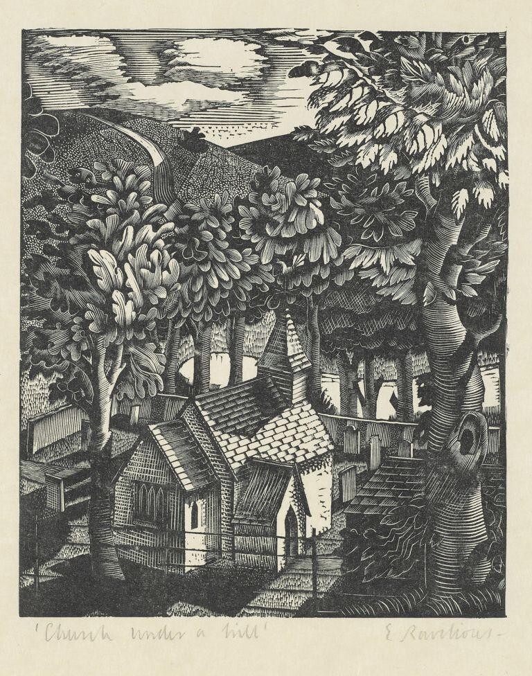 Church Under a Hill Eric Ravilious 1920 British Woodcut Print Collector Edition gallery
