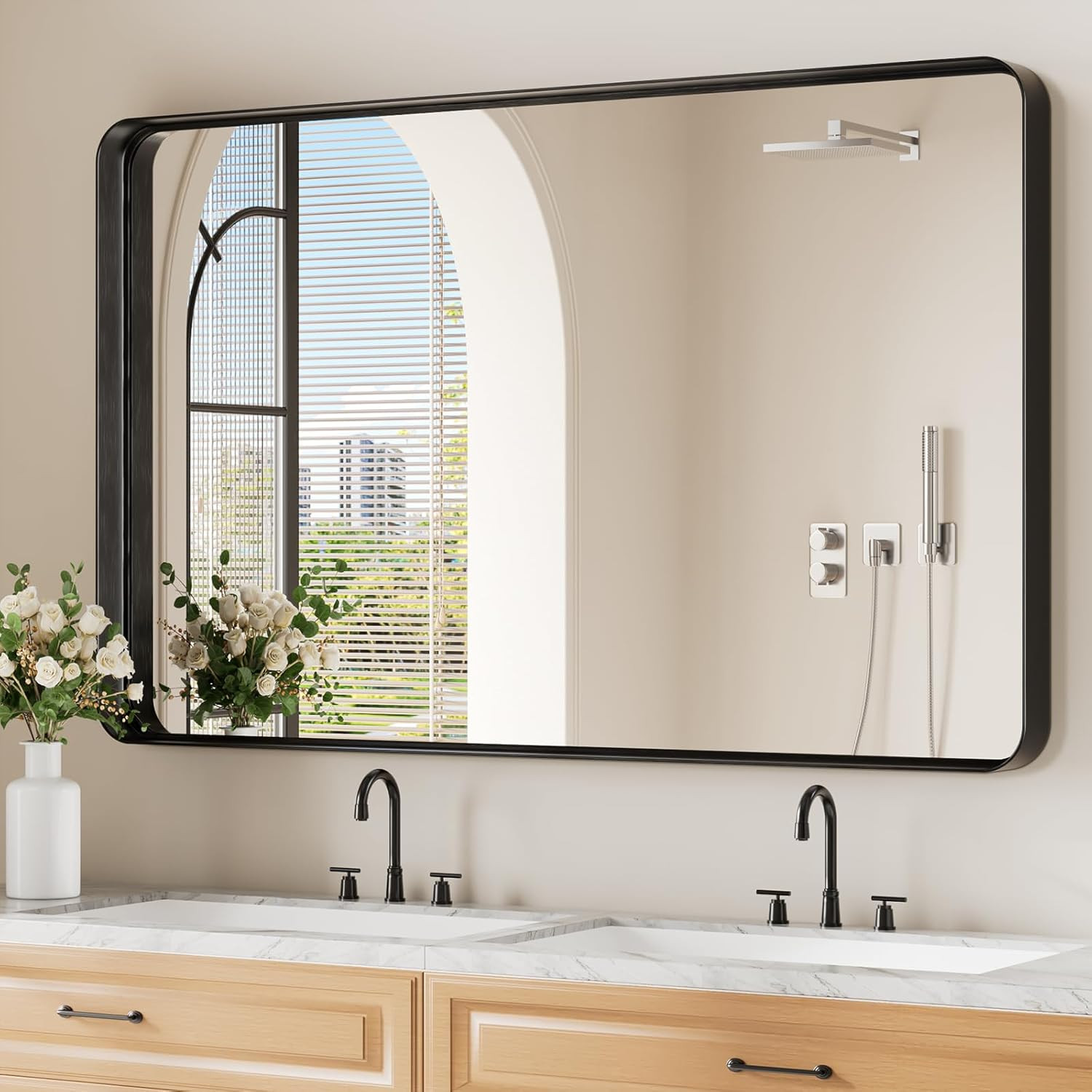 Matte Black 30x48 Inch Rounded Rectangle Wall Mirror for Bathroom & Living Room gallery