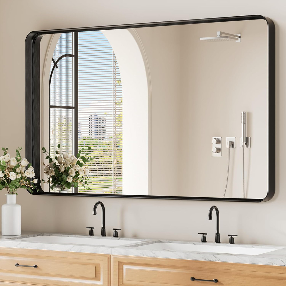 Matte Black 30x48 Inch Rounded Rectangle Wall Mirror for Bathroom & Living Room