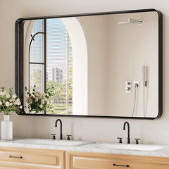 Matte Black 30×48 Inch Rounded Rectangle Wall Mirror for Bathroom & Living Room