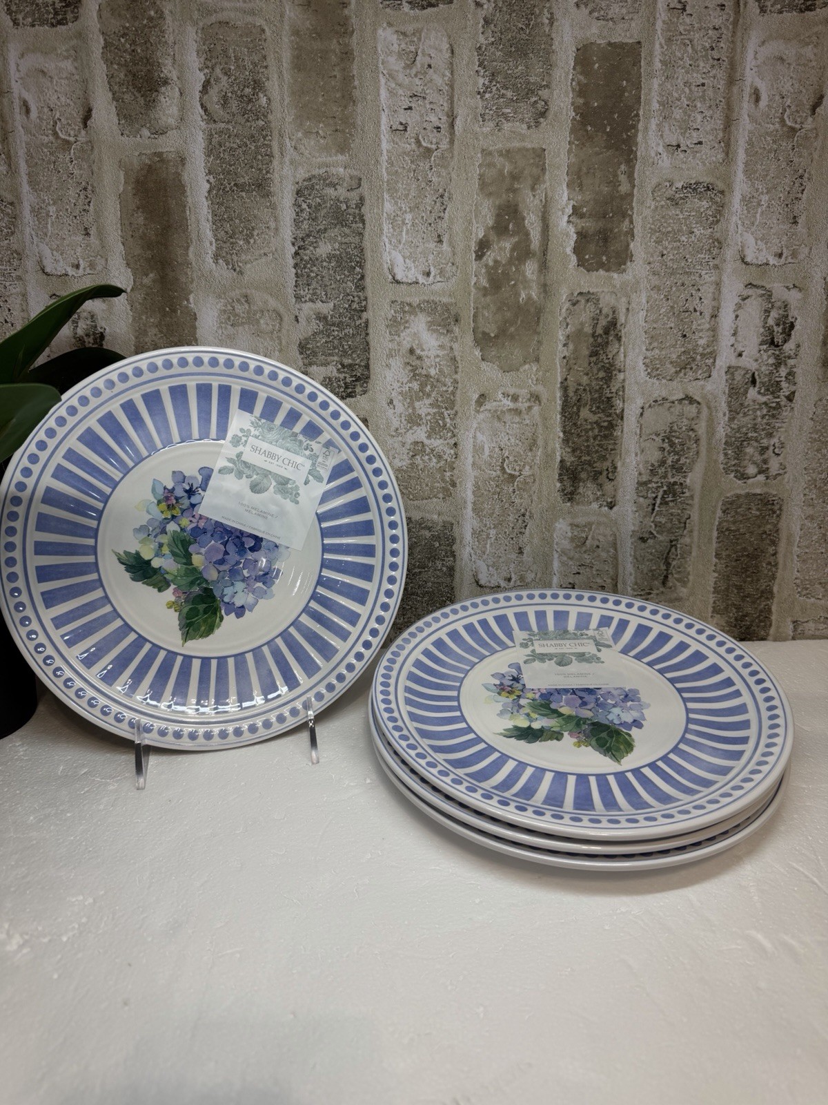 Shabby Chic Purple Hydrangea Stripes Melamine Luncheon Salad Plates Set Of 4 gallery