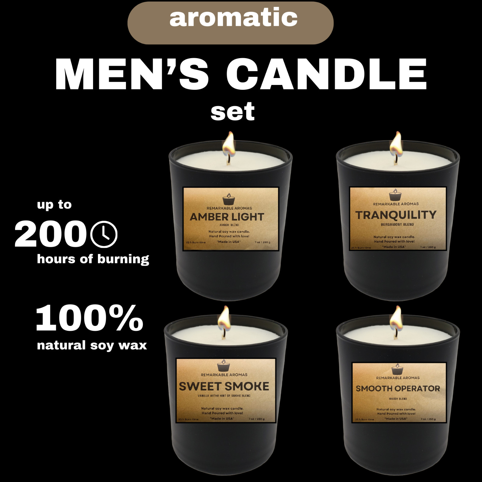 Aromatic Men's Candle Set, 4 Scents, Up to 200 Hours Burning, 100% Natural Soy gallery