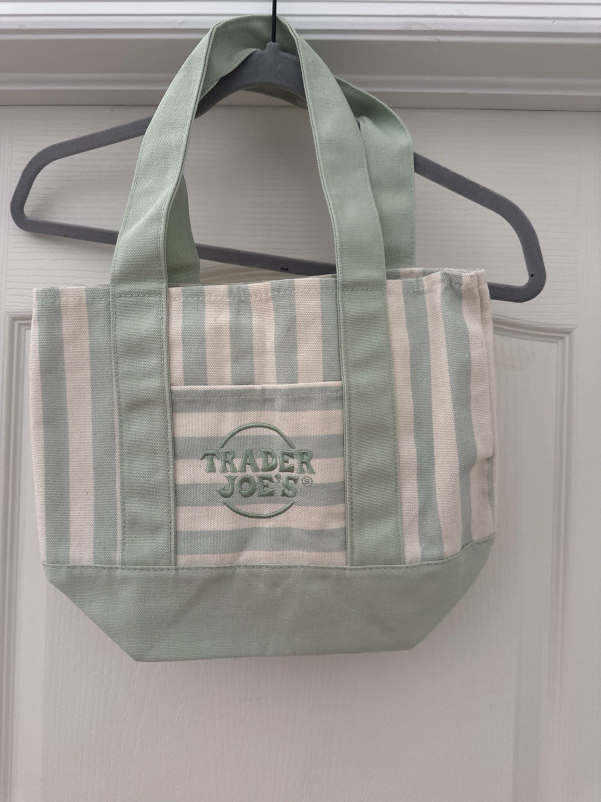 Trader Joe's Striped Mini Canvas Tote Bag, Reusable, Patel Green/White gallery
