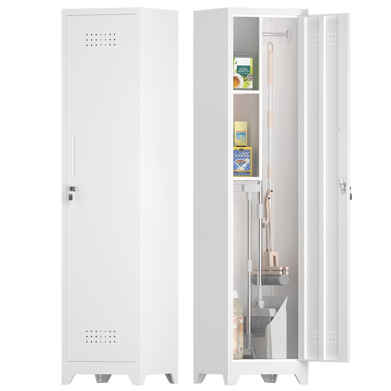 Slim Broom Storage Cabinets, Metal Storage Cabinet with Shelves and Hanging Rod gallery