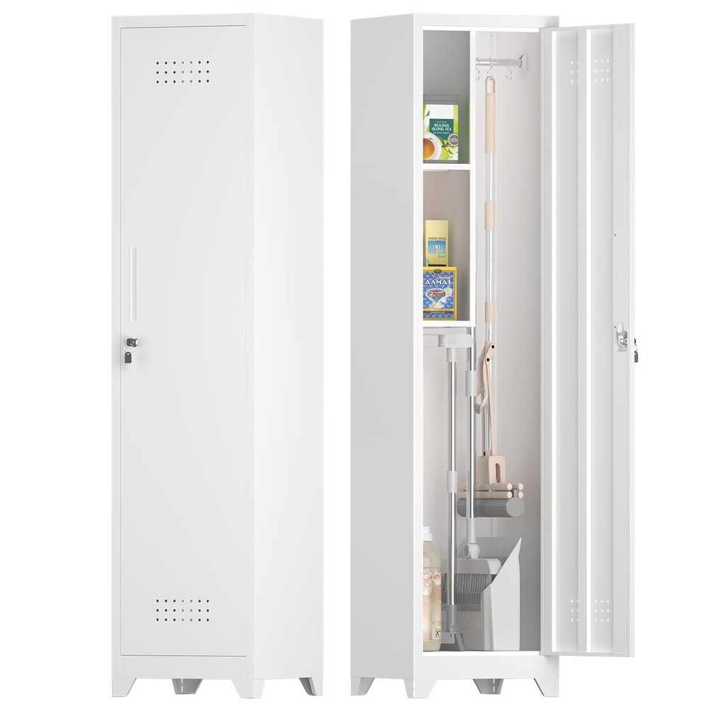 Slim Broom Storage Cabinets, Metal Storage Cabinet with Shelves and Hanging Rod