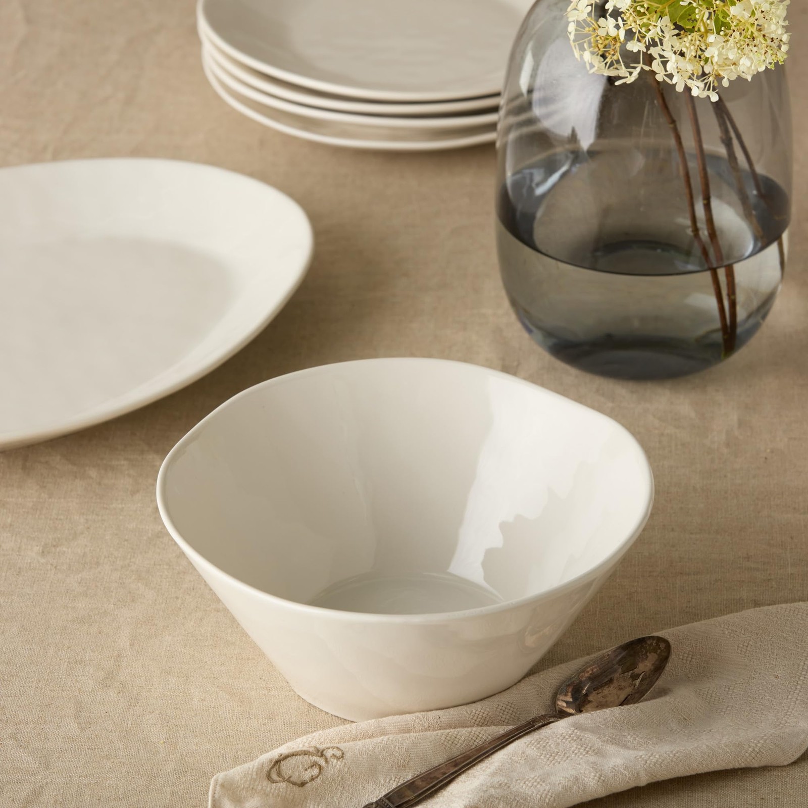 Linen Cream Stoneware Deep Bowl 88 oz - 10.25"x4.5" Neutral Matte Glazed Serving gallery